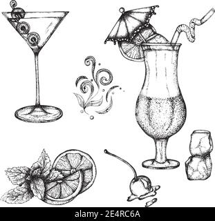 Set mit alkoholischen Getränken Martinis und exotischen Cocktails mit einem Regenschirm dekoriert. Vektor handgezeichnete Illustration. Monochrome Zeichnung isoliert auf weißem Hintergrund Stock Vektor