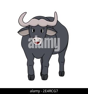 Grau dunkel Cartoon afrikanischen Büffel steht und sieht aus. Tier ist auf weißem Hintergrund isoliert Stock Vektor