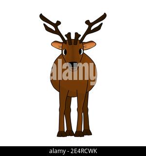 Braun handgezeichnet Cartoon Hirsch mit Geweih oder Karibu auf braunem Hintergrund. Tier ist auf weißem Hintergrund isoliert. Vorderansicht Stock Vektor
