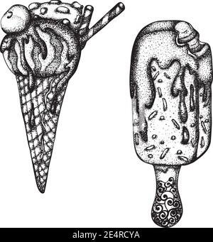 Set Eis in einem Waffelkegel und Eis auf einem Stock. Vektor handgezeichnete Illustration. Monochrome Zeichnung isoliert auf weißem Hintergrund Stock Vektor