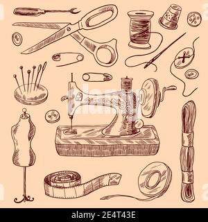 Nähen dekorative Symbole Skizze Set mit Schere Knopf Nadel isoliert vektorgrafik Stock Vektor
