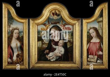 Meister der Magdalenenlegende - Triptychon Madonna mit Kind mit den Heiligen Katharina und Barbara. Stockfoto