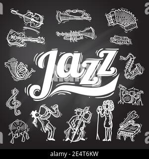 Jazz Musik dekorative Ikonen Kreidetafel Set mit Instrumenten Musiker und Vinyl isoliert Vektorgrafik Stock Vektor