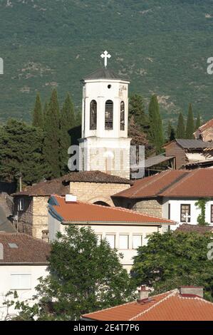 Glockenturm der Kirche St. Bogorodica Perivlepta im alten Ohrid, Republik Mazedonien Stockfoto