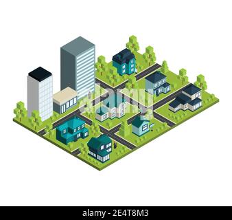 Immobilien isometrisches Konzept mit 3d Stadtbezirk und Miete Beherbergt Vektorgrafik Stock Vektor