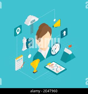 Coaching Business isometrisches Icon Set mit weiblichen Trainer Avatar Vektor Abbildung Stock Vektor