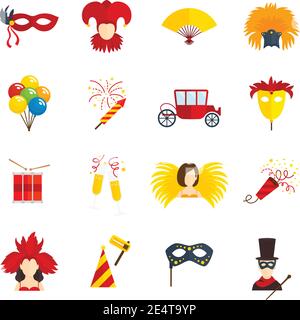 Karneval Party festliche Kostüme venezianischen Stil Maskerade Masken flach Ikonen Sammlung mit Clown abstrakten Vektor isolierte Illustration Stock Vektor