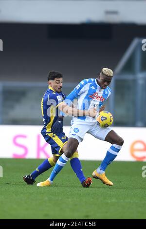 Victor Osimhen (Napoli)Koray Gunter (Hellas Verona) während der italienischen 'Serie EIN Spiel zwischen Hellas Verona 3-1 Napoli im Marcantonio Bentegodi Stadion am 24. Januar 2021 in Verona, Italien. Quelle: Maurizio Borsari/AFLO/Alamy Live News Stockfoto