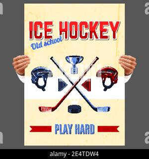 Menschliche Hände halten Eishockey-Poster mit Puck Stick und Helme Vektorgrafik Stock Vektor