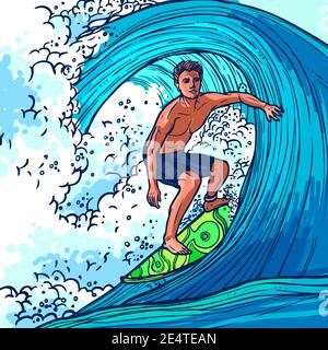 Surfer Mann auf Surfbrett auf Welle Abenteuer Extremsport Hintergrund vektorgrafik Stock Vektor