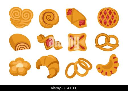 Süße Brötchen Cartoon Icon Set. Backwaren und Weidenbrötchen Brezel, Bagel, Croissant Blätterteig, Brötchen. Design-Menü Bäckerei Symbol. Stilvolle Ikone moderne Vektor-Illustration Stock Vektor