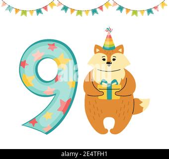 Gruß Glückliche Geburtstagskarte, Fuchs mit der Nummer neun. Hand gezeichnet Red Fox Cartoon-Figur in Hut. Gratuliere Kind zum 9. Geburtstag. Lustige flache Tier-Vorlage isoliert Vektor-Illustration Stock Vektor