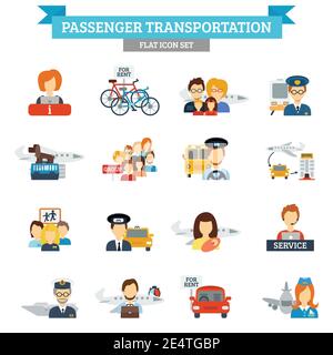 Personentransport Icon Flat Set mit Fahrer und Passagiere Isolierte Vektordarstellung Stock Vektor