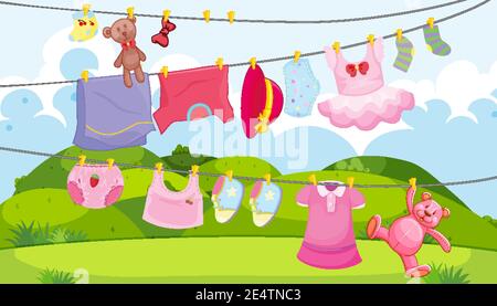 Kinderkleidung auf einer Wäscheleine mit Kinderaccessoires in der Außendarstellung Stock Vektor