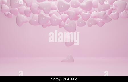 Rosa Luftballons Herz fliegen aus dem Boden auf rosa Innenraum Hintergrund. Minimalkonzept. 3d-Rendering Stockfoto