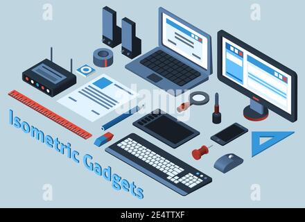 Isometrische mobile Gadgets mit 3d-Schreibwaren Objekte isoliert Vektor gesetzt Abbildung Stock Vektor