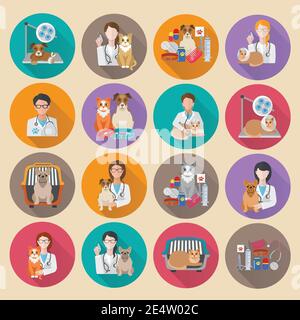 Veterinary Icon flaches Set mit Tierwagen Tierarzt Klinik und Abbildung des vom Arzt isolierten Vektors Stock Vektor