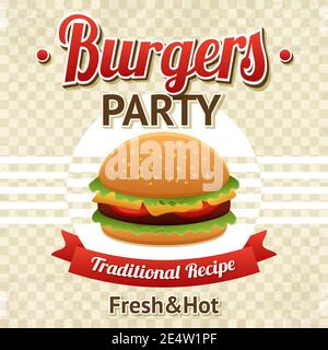 Fastfood Poster mit Rindfleisch Hamburger und Burger Party Text vektorgrafik Stock Vektor