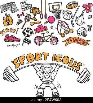 Sport Symbole Doodle Skizze Symbole der Eishockey-Spieler Helm Gymnastik Ringe und Boxerhandschuhe abstrakte Vektor-Illustration Stock Vektor