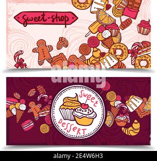 Süßwarenladen vintage Schokolade Cupcakes Desserts Süßwaren speichern Ingwer Junge Cookies Horizontale Banner setzen abstrakte isolierte Vektor-Illustration Stock Vektor