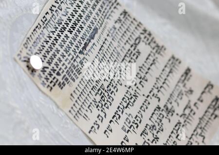 Hebräische Buchstaben auf Pergament geschrieben, eine spezielle Schrift einer Tora-Rolle. (An den Herausgeber - die Buchstaben sind zufällig ohne Bedeutung) Stockfoto