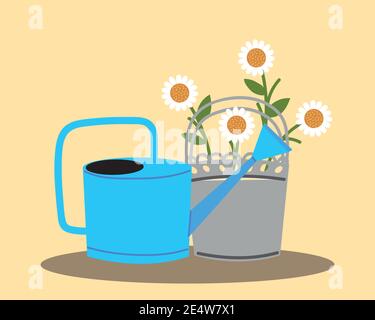 Gartenarbeit, Gießkanne und Blumen in Topf Dekoration Vektor Illustration Stock Vektor