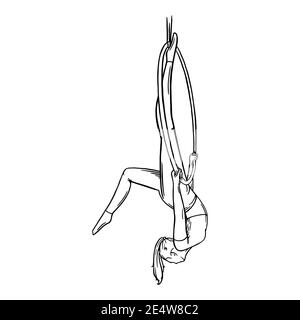 Aerial weibliche Turnerin im Reifen. Aerial Gymnastik Kraft iproving Pose. Skizzenvektordarstellung isoliert auf weißem Hintergrund Stock Vektor
