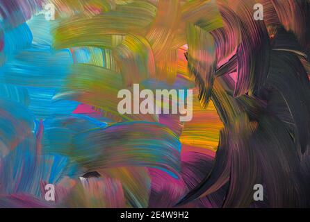 Acrylfarben abstrakt auf Leinwand gemalt. Handgefertigtes, handgezeichnetes Gemälde. Flat Lay, Overlay, Artwork, Hintergrund, Display, Texturkonzept. Speicherplatz kopieren. Stockfoto