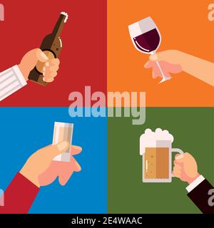 Hände hält Gläser Tasse Flasche Bier Wein und Cocktail-Getränke, Prost Vektor Illustration Stock Vektor