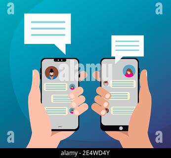 Hände mit Smartphones und Chat Blasen in Bildschirm Vektor-Illustration Stock Vektor
