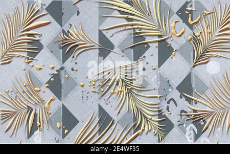 3d-Illustration, grauer geometrischer Hintergrund, goldene abstrakte Palmblätter Stockfoto