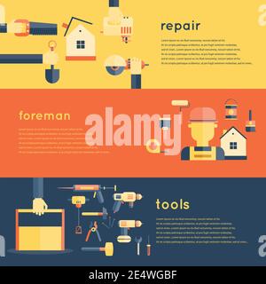 Vorarbeiter Reparatur Werkzeuge Service Bau Hause flach Banner-Set isoliert vektorgrafik Stock Vektor