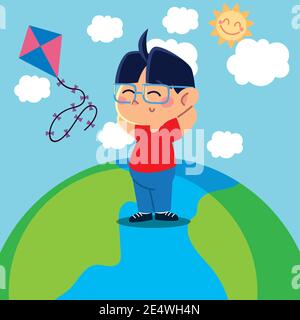 Junge spielt mit Drachen auf Planet Cartoon, Kinder Vektor Illustration Stock Vektor