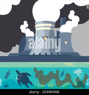 Verschmutzende Fabrik mit Dampfkamin und Wasserrohrablauf Vektor Abbildung Stock Vektor