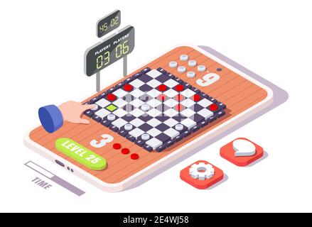 Isometrisches Schachbrett, Handspielsteine auf Smartphone-Bildschirm, flache Vektorgrafik. Checkers Spiel auf Handy. Stock Vektor