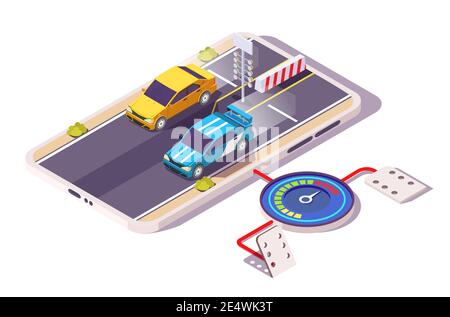 Isometrische Rennwagen auf Smartphone-Bildschirm, flache Vektor-Illustration. Auto-Rennspiel auf Handy. Stock Vektor