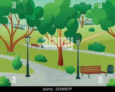 Sommer Park Alley 2d Spiel Landschaft flache Hintergrund Vektor Illustration Stock Vektor