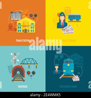 Eisenbahn-Design-Konzept Set mit Bahnhof Steward Eisenbahn Passagier Flache Symbole isolierte Vektordarstellung Stock Vektor