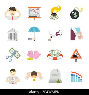 Wirtschaftskrise Finanzen Depression investieren Rezession flach Icons isoliert gesetzt vektorgrafik Stock Vektor