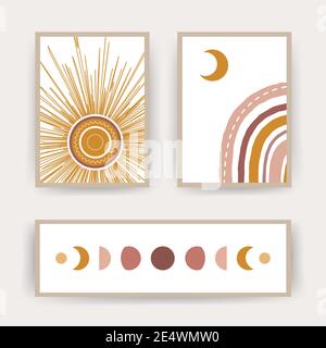 Poster mit abstraktem Regenbogen, Mond und Sonne. Skandinavisches Design für Tapeten und Wohnkultur. Moderne geometrische Hintergründe. Moderner Vektor Stock Vektor