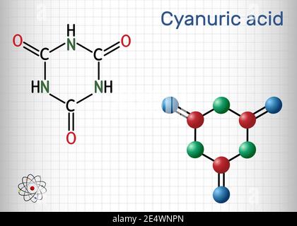 Cyanursäure-Molekül. Es ist Triazin, Enol tautomer der Isocyanursäure. Strukturelle chemische Formel und Molekülmodell. Blatt Papier in einem Käfig Stock Vektor