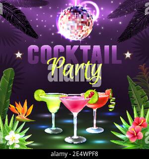 Cocktail Party Poster mit Alkohol Cocktail Gläser Disco Ball und Tropische Pflanzen auf Hintergrund Vektor-Illustration Stock Vektor