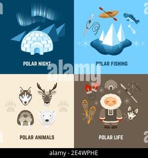 Chukchi Design-Konzept Set mit Polar Nachtfischen Tiere und Life flache Symbole isoliert Vektor-Illustration Stock Vektor