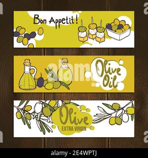 Olive Gemüse und Öl Hand gezeichnete horizontale Banner gesetzt isoliert vektorgrafik Stock Vektor