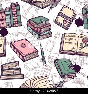 Vintage Bücher Bibliothek Buchhandlung Hand gezeichnet nahtlose Muster Vektor Illustration Stock Vektor