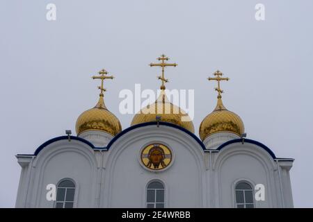 Kirche der lebensspendenden Dreifaltigkeit in der Stadt Petropawlowsk-Kamtschatski Auf dem Hintergrund einer Winterlandschaft Stockfoto