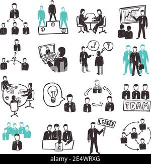 Teamwork-Symbole mit Skizze Business People Diskussion Organisation und Partnerschaft Szenen isoliert Vektor Illustration Stock Vektor