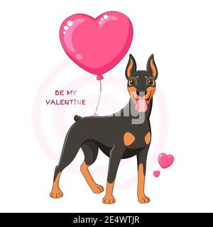 Valentinskarte mit niedlichem Hund. Lustige Cartoon doberman pinscher mit Herz geformten Ballon, Inschrift sein mein Valentine. Vektorgrafik EPS8 Stock Vektor