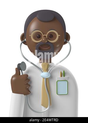 Cartoon Charakter 3d Avatar lächelnd schwarz professionelle Arzt isoliert auf Weiß Stockfoto