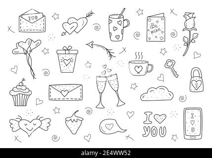 Schwarze Vektor-Elemente. Set Valentinstag und Hochzeiten Ikonen Doodle. Design für Drucke, Karten und Malvorlagen Stockfoto